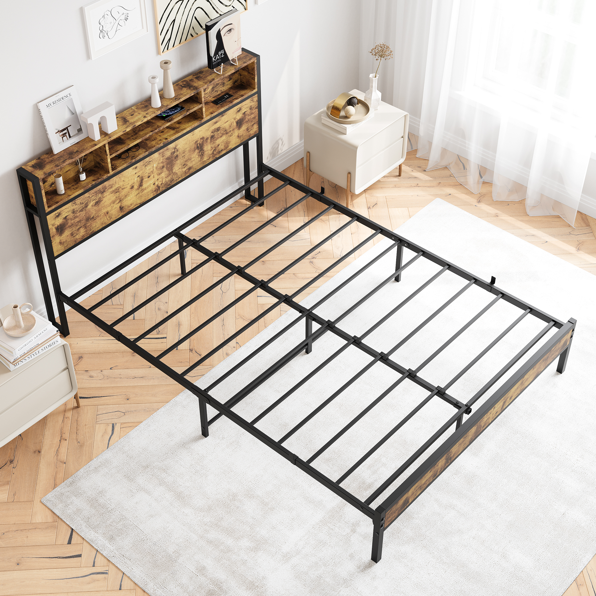 Miniyam Wood Queen Size Platform Bed with Storage Headboard & Charging Station for Adult,Brown