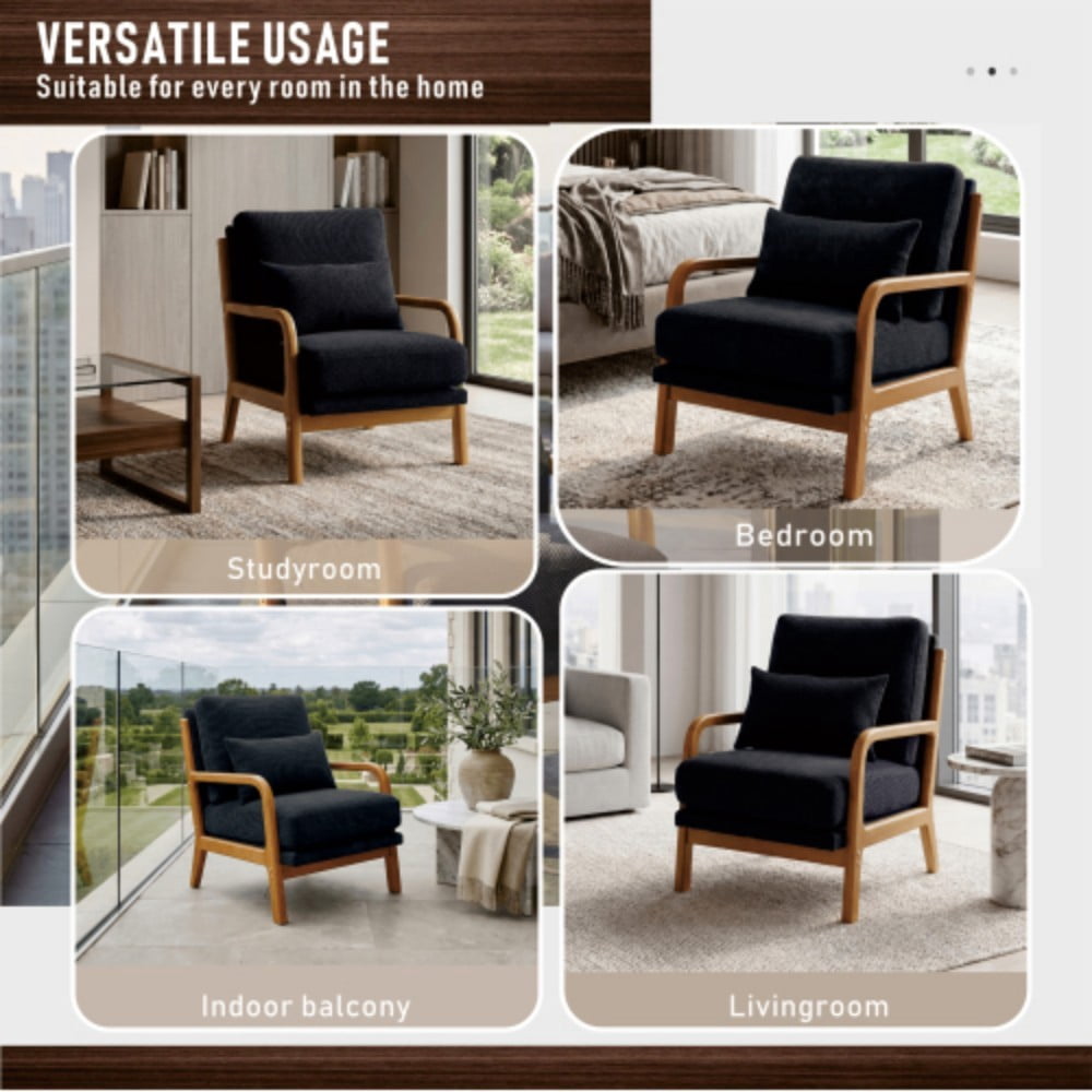 Wooden Lounge Chair, Modern Upholstered Accent Chair with Solid Wood Armrests, High-Density Foam Cushion, Reclined Backrest for Living Room, Bedroom & Office, Matt Black