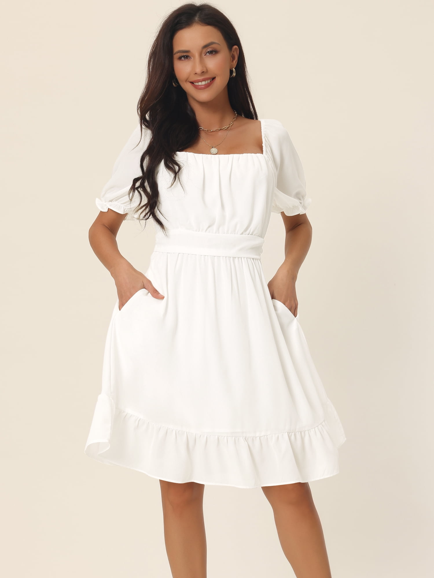 Unique Bargains Women's Square Neck Smocked Back Ruffle A-Line Dress L White