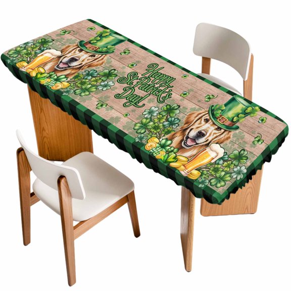 St Patricks Day Table Cloths for 8 Foot Rectangle Tables, Watercolor Dogs Green Shamrock Wood Grain Patio Waterproof Elastic Fitted Tablecloths, Washable Rectangular Table Cover for Camping