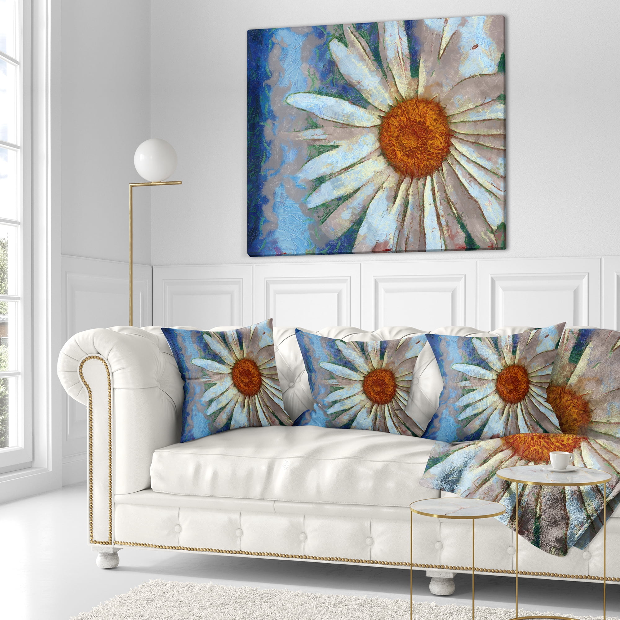 Designart Hand drawn White Chamomile Flower - Flower Throw Pillow - 18x18