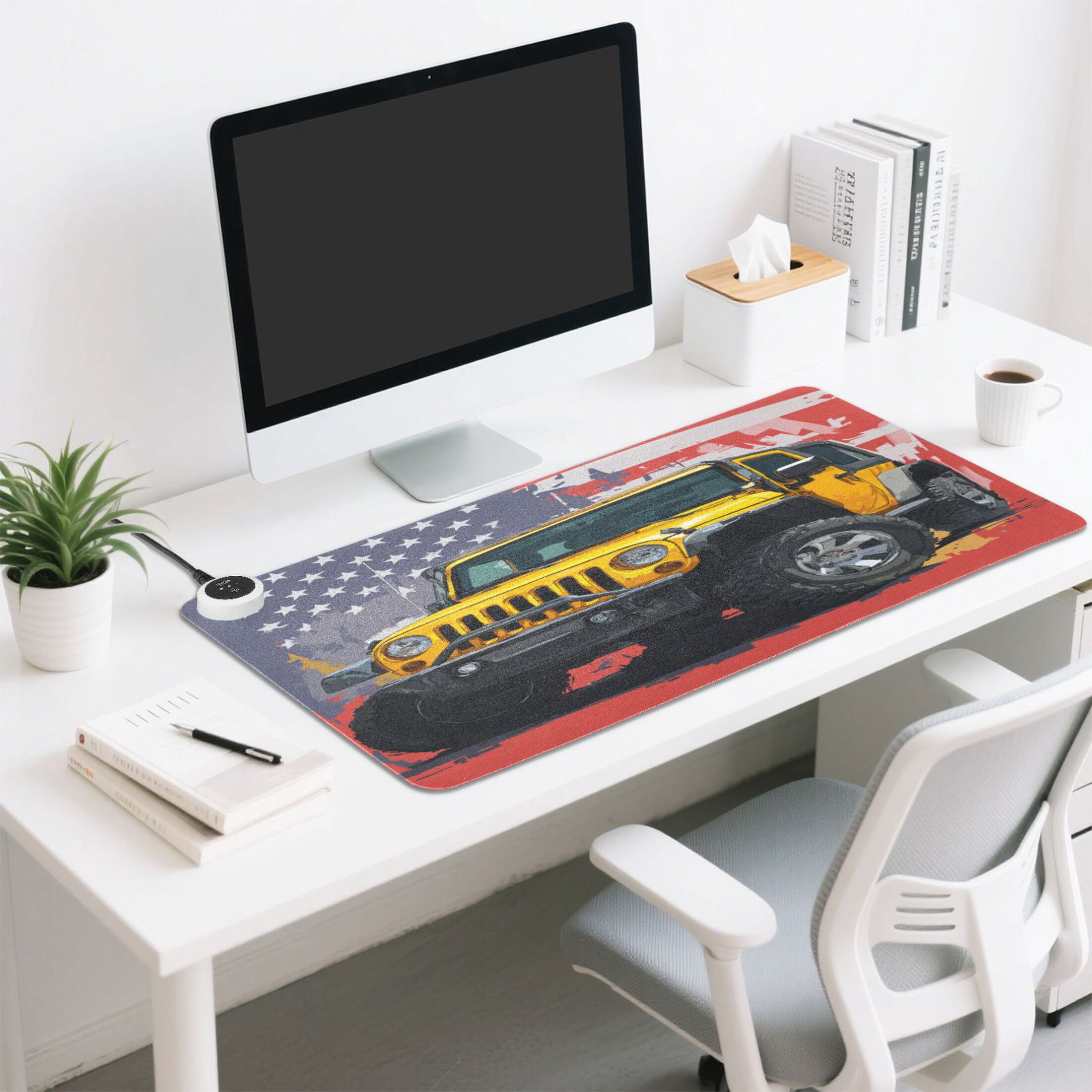 Large Heated Desk Mat Mouse Pad 31.5"x13"PU Leather Graphene Heating Desk Warmer with 3 Temperature Settings 110V US Plug Non-Slip Warm Pad for Home, Office, and Gaming Yellow Jeep Car Pattern