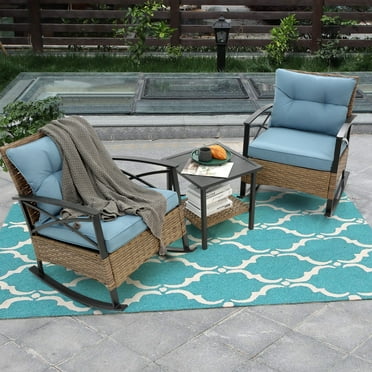 Alton 3-Piece Wicker Patio Conversation Set with Blue Cushions