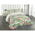 thumbnail image 3 of Ambesonne Flamingo Quilted Bedspread Set 3 Pcs, Exotic Hawaiian Leaf, Queen Size, Green Pink White, 3 of 5