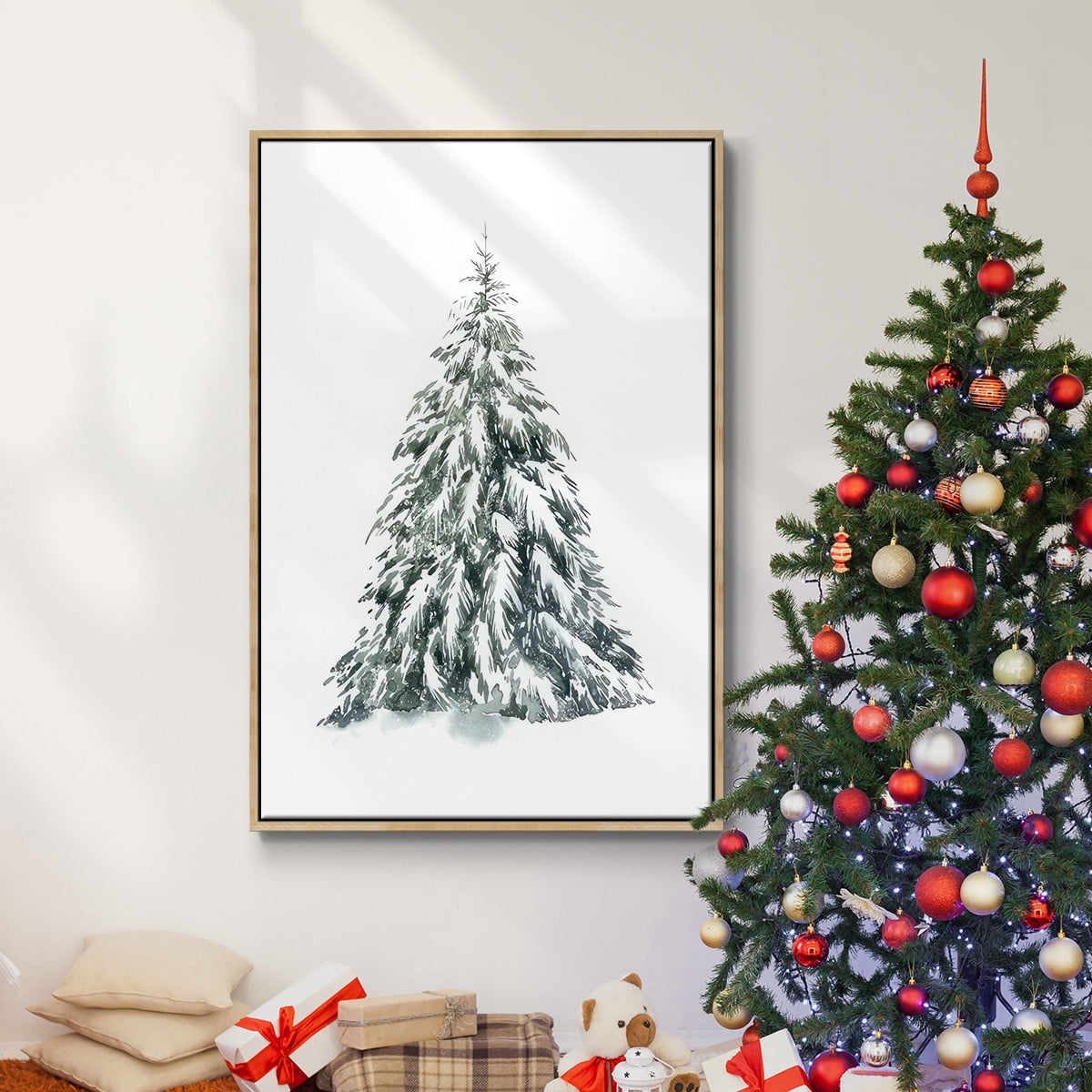 Blue Spruce I - Framed Gallery Wrapped Holiday Canvas - 17 x 25 - Natural Wood Frame