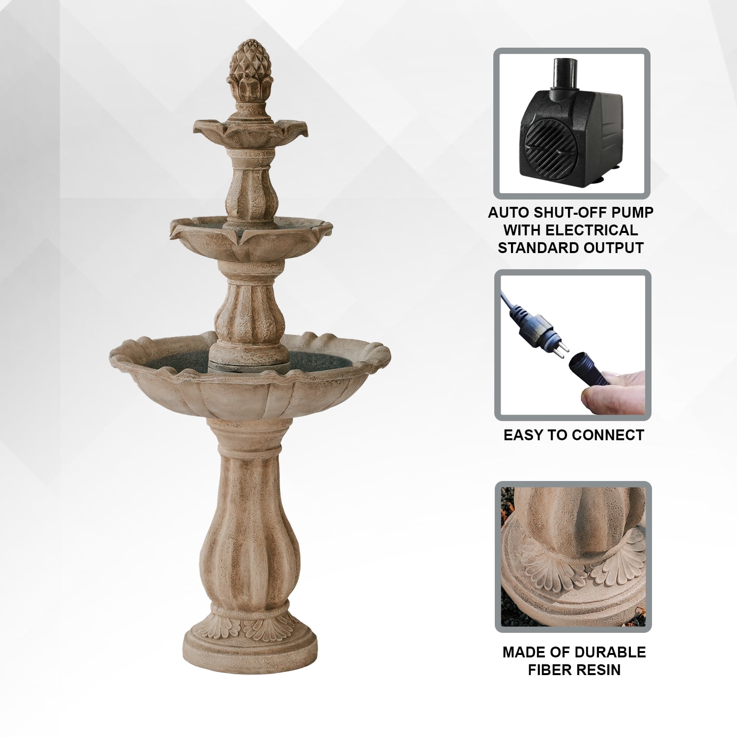 XBrand 51"H Fiber Resin Beige 3-Tier Freestanding Waterfall Fountain, Outdoor Garden, Yard, Lawn, Porch Décor