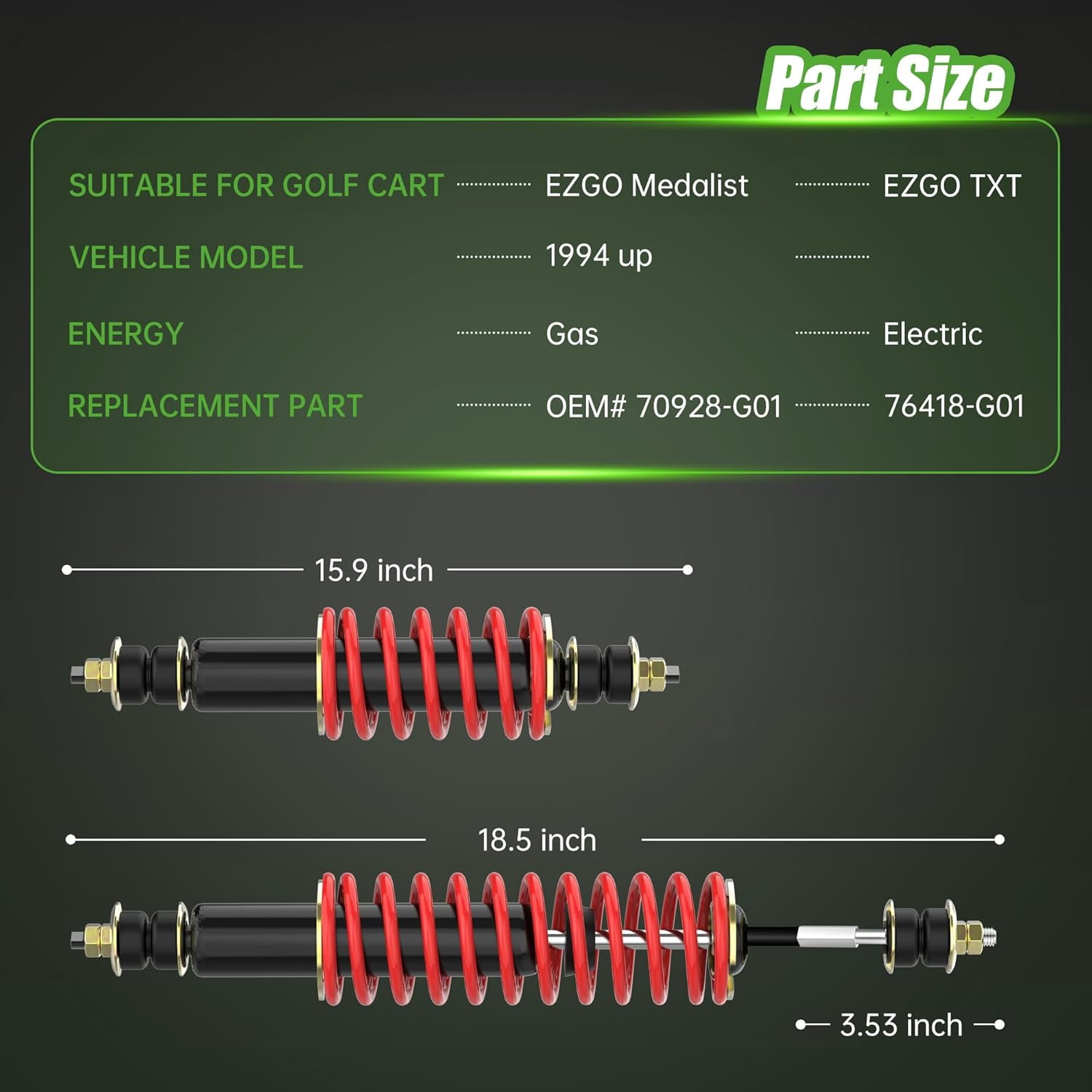 10L0L Golf Cart Front /Rear Shock Absorber Heavy Duty Coil Over Shocks for EZGO TXT Medalist 1994-up 76418-G01, 70928-G01, 70630-G01, 2pcs
