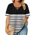 thumbnail image 2 of Feancey Plus Size Trendy Womens Tshirts Summer Short Sleeve Striped Print Tops Criss Cross V Neck Loose Blouse Business Casual Oversized T-Shirt BlackXXL, 2 of 7
