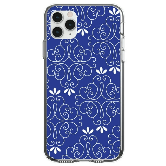DistinctInk Clear Shockproof Hybrid Case for iPhone 12 MINI (5.4" Screen) - TPU Bumper, Acrylic Back, Tempered Glass Screen Protector - Dark Blue White Floral