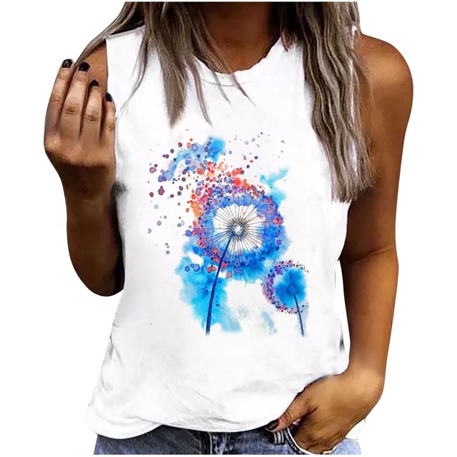 Camiseta holgada sin mangas con cuello redondo y estampado de flores informales de verano para mujer Pompotops lopia994240