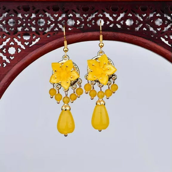 HOOUN Yellow Jade Flower Earrings Jewelry 925 Silver Gift Amulet Women Natural