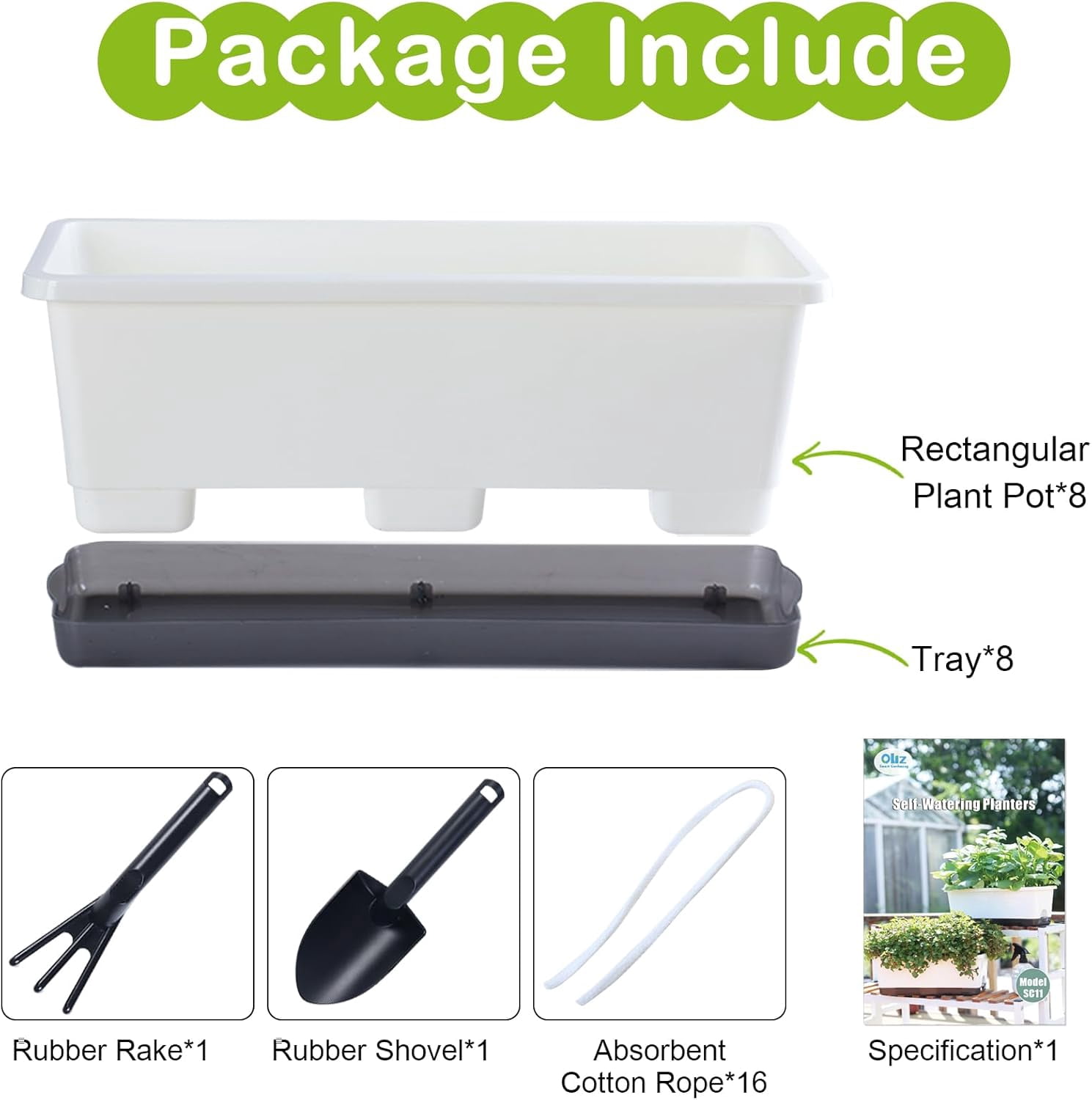 Window Box Planter 8 Pcs, 17 Inches Rectangle Flower Pots with Drainage Holes & Trays, Vegetable Planters for Windowsill Patio Garden Balcony Home Indoor Outdoor (White, 16 * 7 * 6 inch)