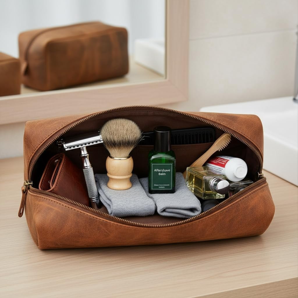 RusticVintage Leather Toiletry Bag, Cosmetic Case, Classy Dopp Kit - Best Gift - Premium Genuine Leather Dopp Kit Shaving Kit Organizer Travel Kit Pouch Bag f - Large Size (Saddle)