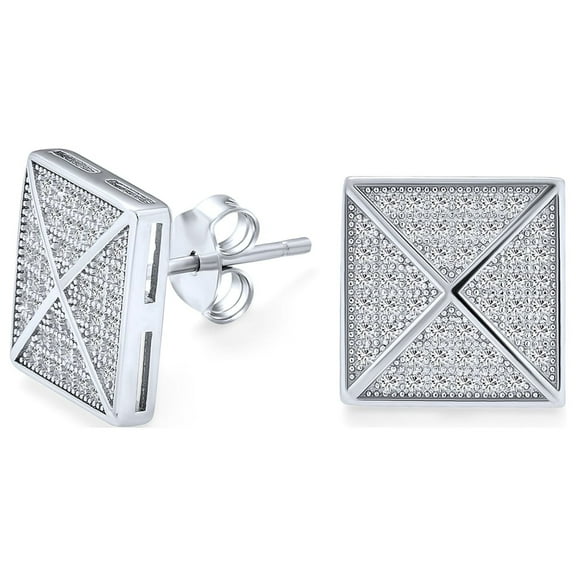 Bling Jewelry Mens .925 Sterling Silver Micro Pave CZ 's Square Pyramid Stud Earrings Rhodium Plated