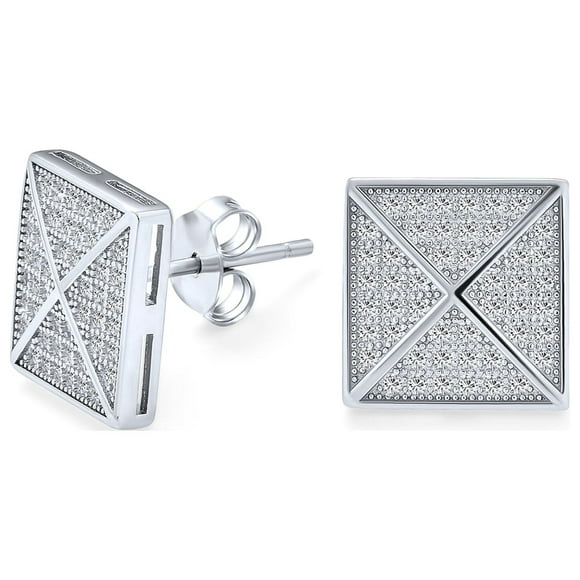 Geometric Pyramid Square Shaped Cubic Zirconia Square Micro Pave CZ Stud Earrings for Men Women .925 Sterling Silver