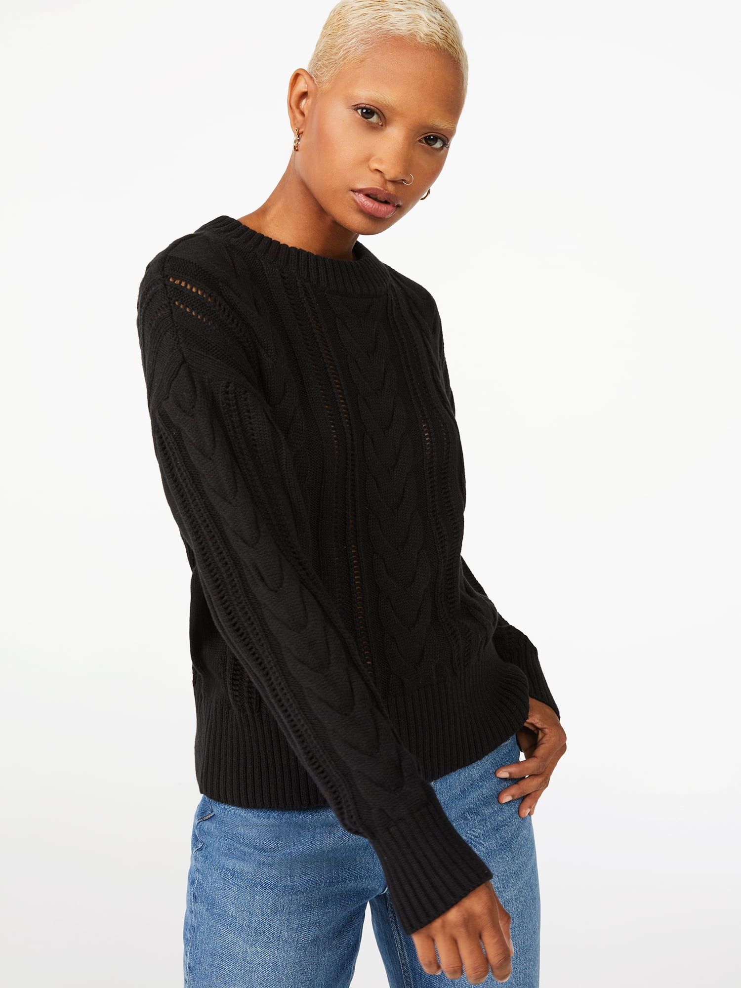 Free Assembly Women's Cable Knit Sweater with Long Sleeves, Size: XS, Black