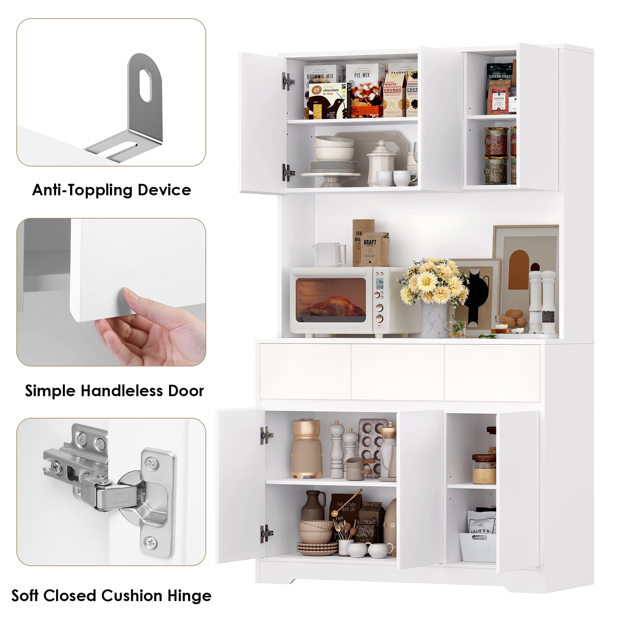 Homfa 70.9'' Tall Kitchen Pantry Cabinet with Charge Station & Led Light, 3 Drawer Storage Cabinet with Adjustable Shelves, White