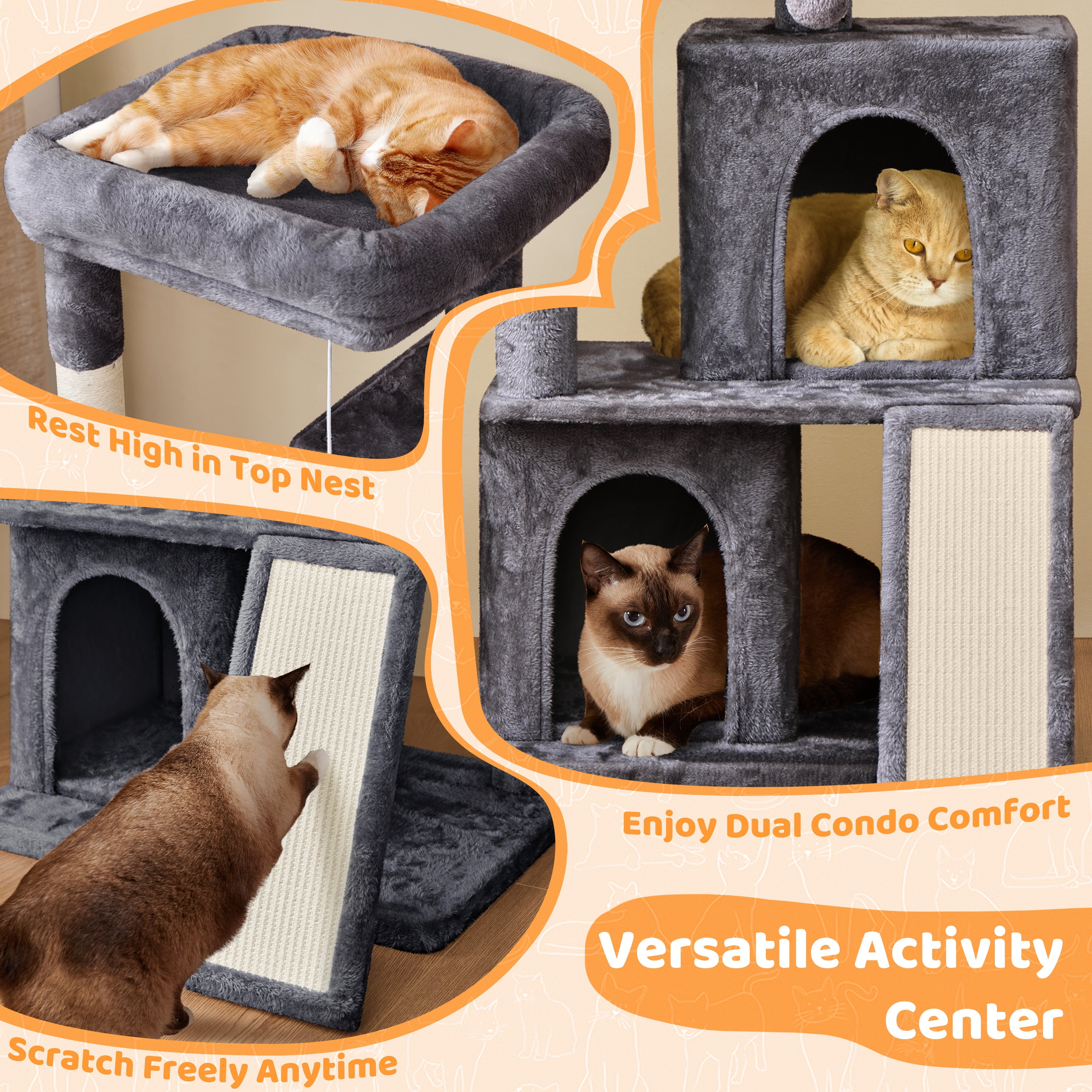 Alden Design 42" Multilevel Cat Tree Tower with Double Condos for Cats Kittens, Dark Gray