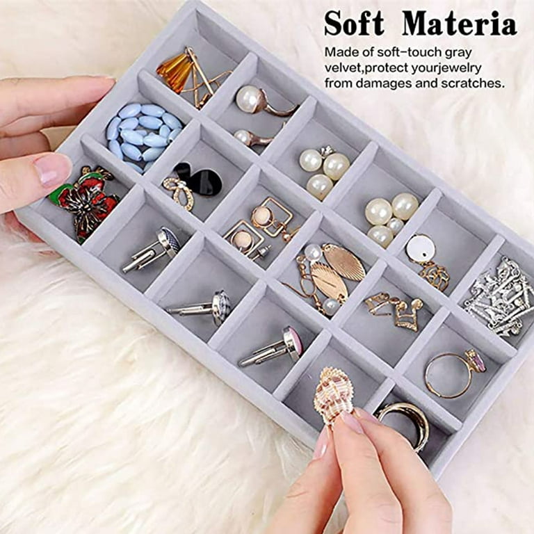 Stackable Velvet Jewelry Trays Organizer, Jewelry Display Storage Box  Showcase Holder Dresser Drawer Organizer for Earring Necklace Bracelet Ring  Accessary,18 Grids 