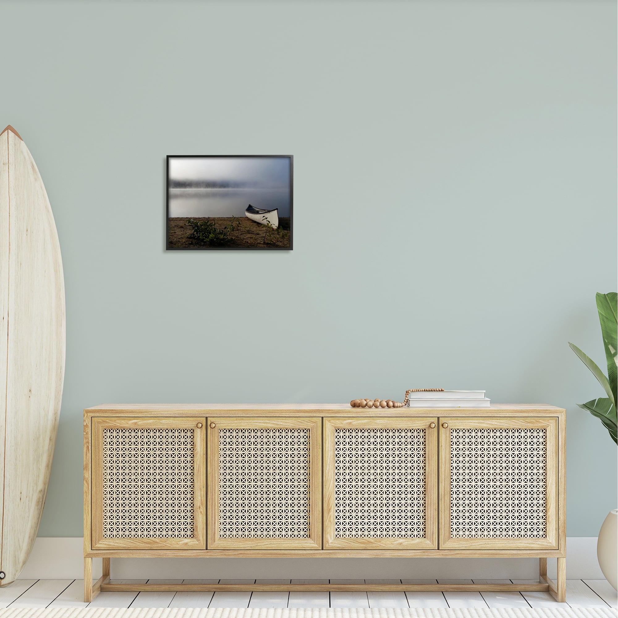 Stupell Industries Lone Canoe Tranquil Foggy Lake Beach Weather Photograph Black Framed Art Print Wall Art, Design by Daphne Polselli