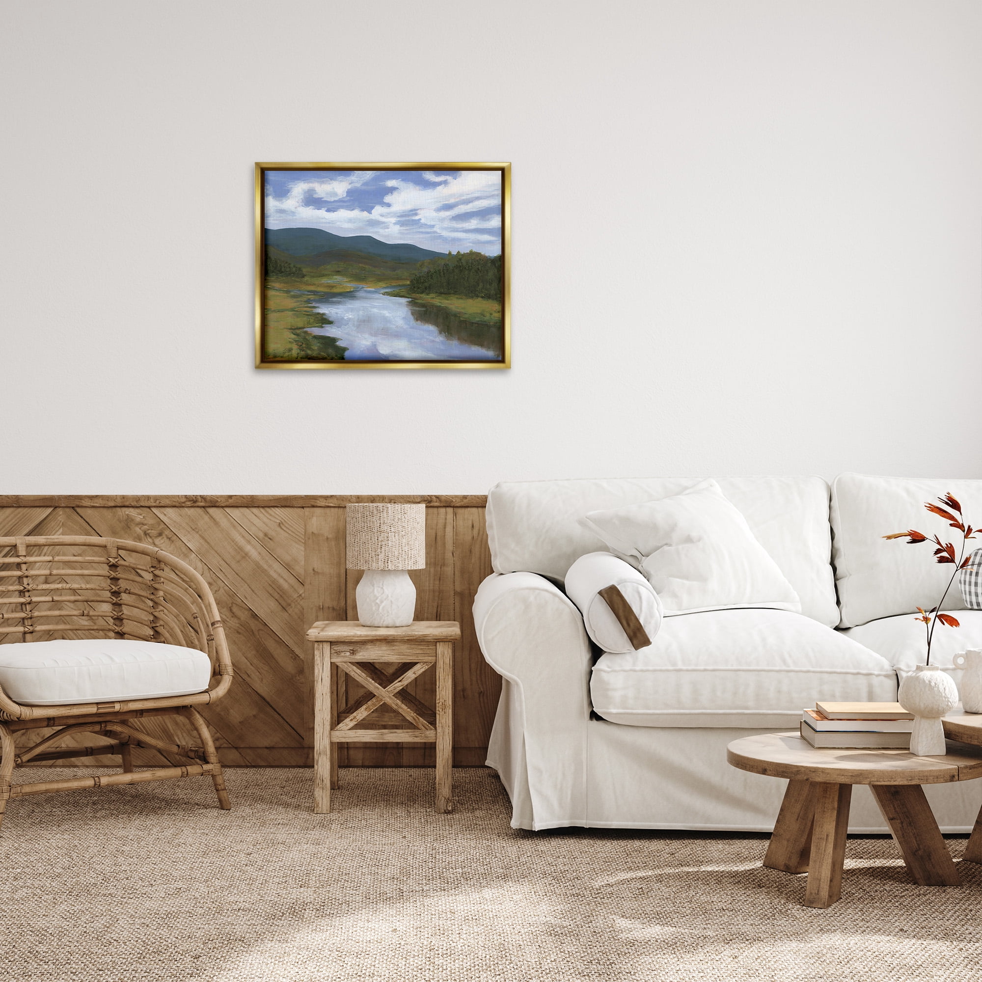 Stupell Industries Cloudy River Landscape Landscape Painting Gold Floater Framed Canvas Art Print Wall Art, 31 x 25