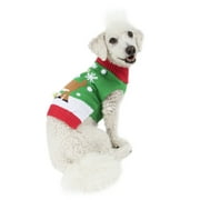 Holiday Time Dog Sweater, Green Reindeer & Snowflake Print, (XXS)