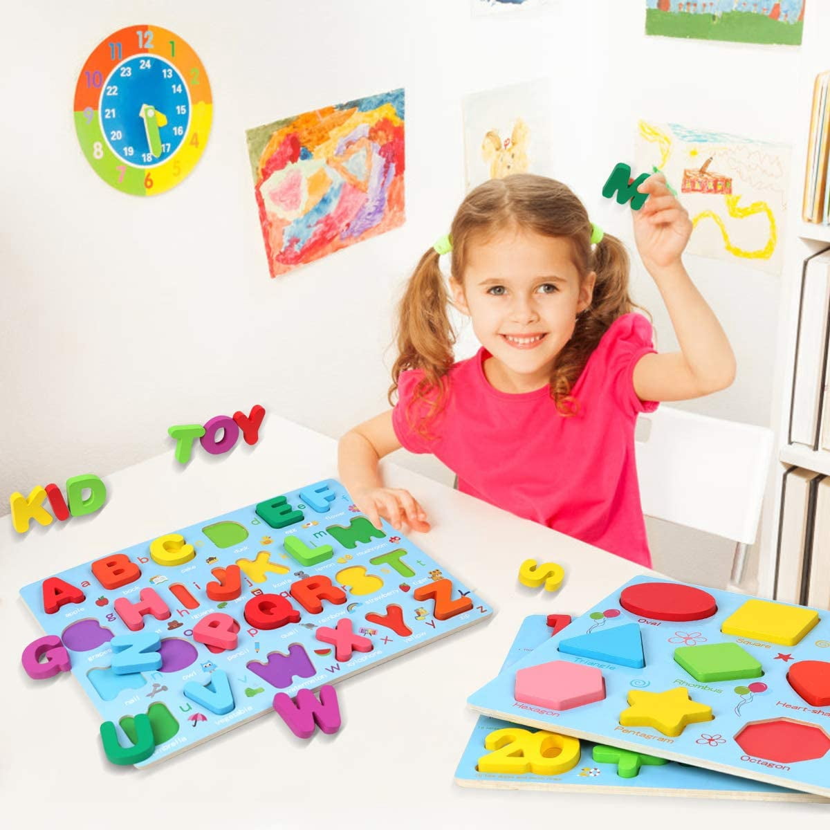 3-Piece Wooden Montessori Alphabet Number and Shape Sorting Boards, Educational Cognitive Learning Set for Home and Classroom, Decorative Early Learning Accessory