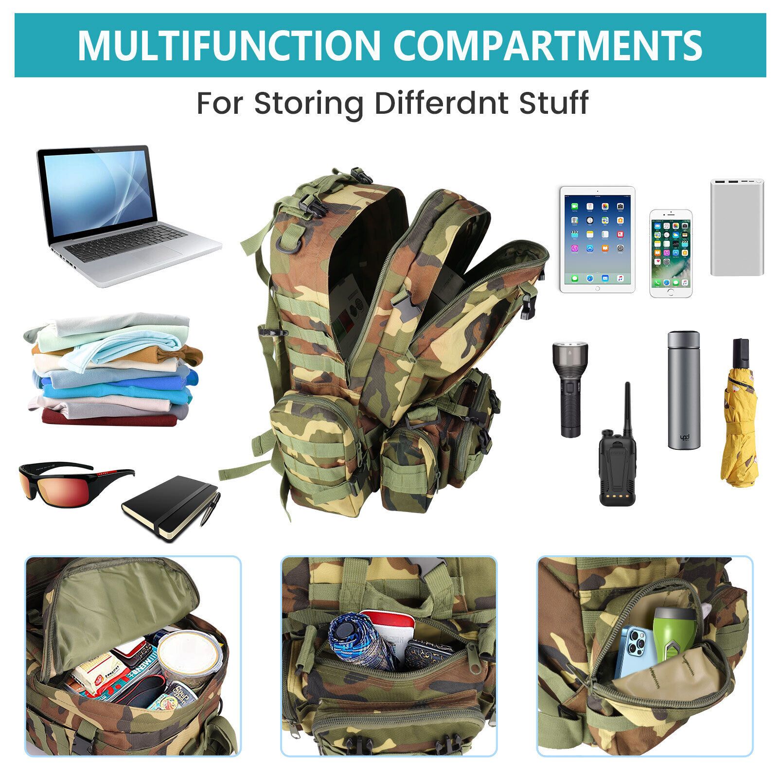 55L Military Tactical Backpack Waterproof for Men Hiking Hunting Rucksack Travel Bag , Jungle Camo - image 4 of 8