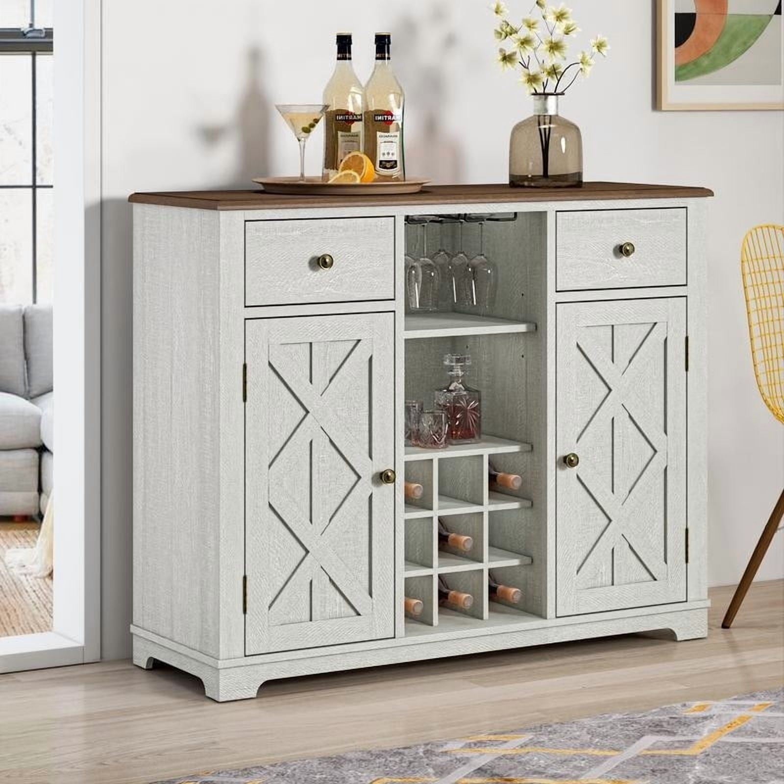 FESTIVO 47 in. Off-White Wood Bar Cabinet with Brushed Nickel Knobs