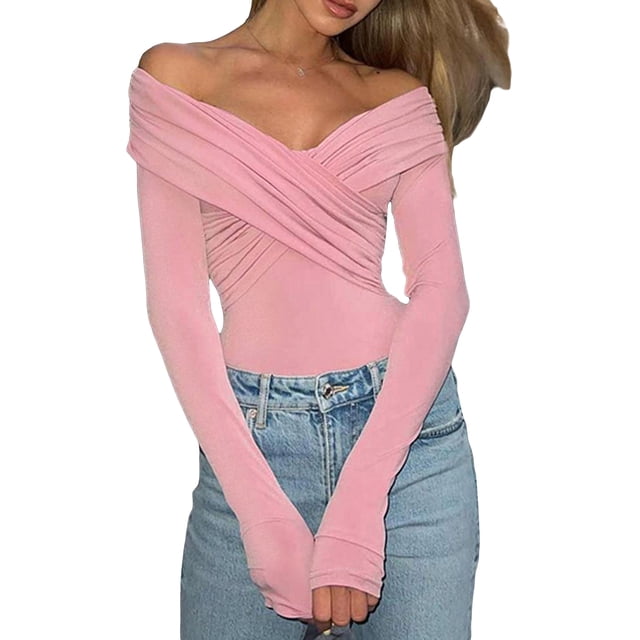 SUNSIOM Blouse Femme Épaules Dénudées Ajustée devant Croisée Col en V Manches Longues Printemps Automne Chemise de Sortie