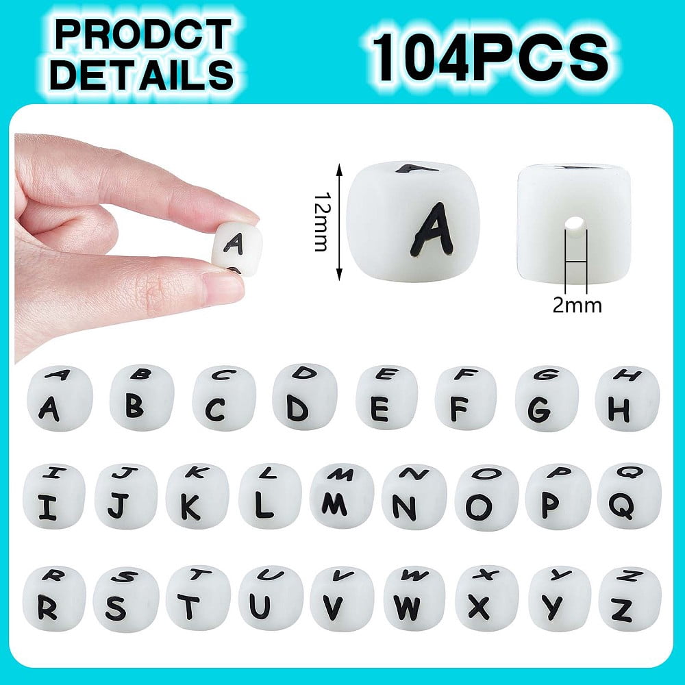 104 Pcs Luminous Cube Silicone Beads Letter Square Dice Alphabet Beads with 2mm Hole Spacer Loose Letter Beads DIY