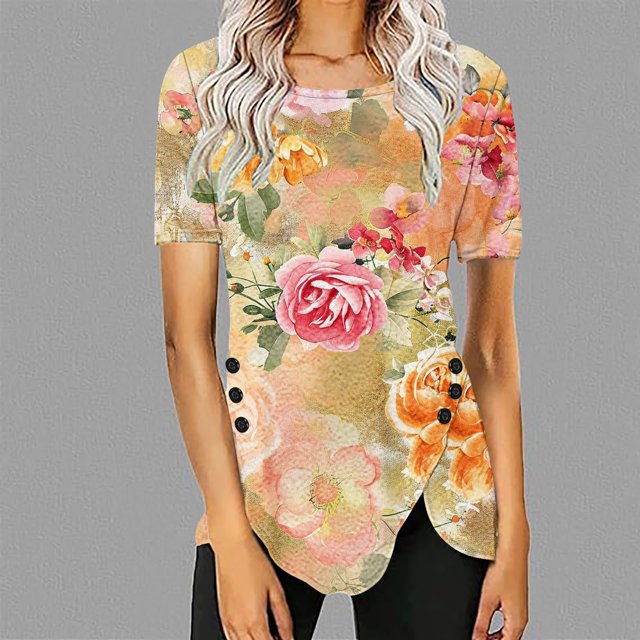 Fiudx Ofertas de La Semana Blusa Casual de Manga Corta con Estampado de Botones y Cuello Redondo para Mujer