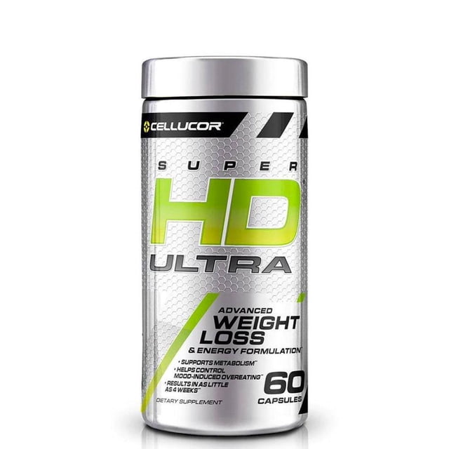 pre entrenamiento cellucor super hd ultra 60 cápsulas frasco cilíndrico plateado vista frontal con etiqueta blanca y verde, rótulo grande 'HD ULTRA' en verde lima y gris, logo Cellucor en la banda superior y leyenda '60 capsules' visible, envase sobre fondo blanco.