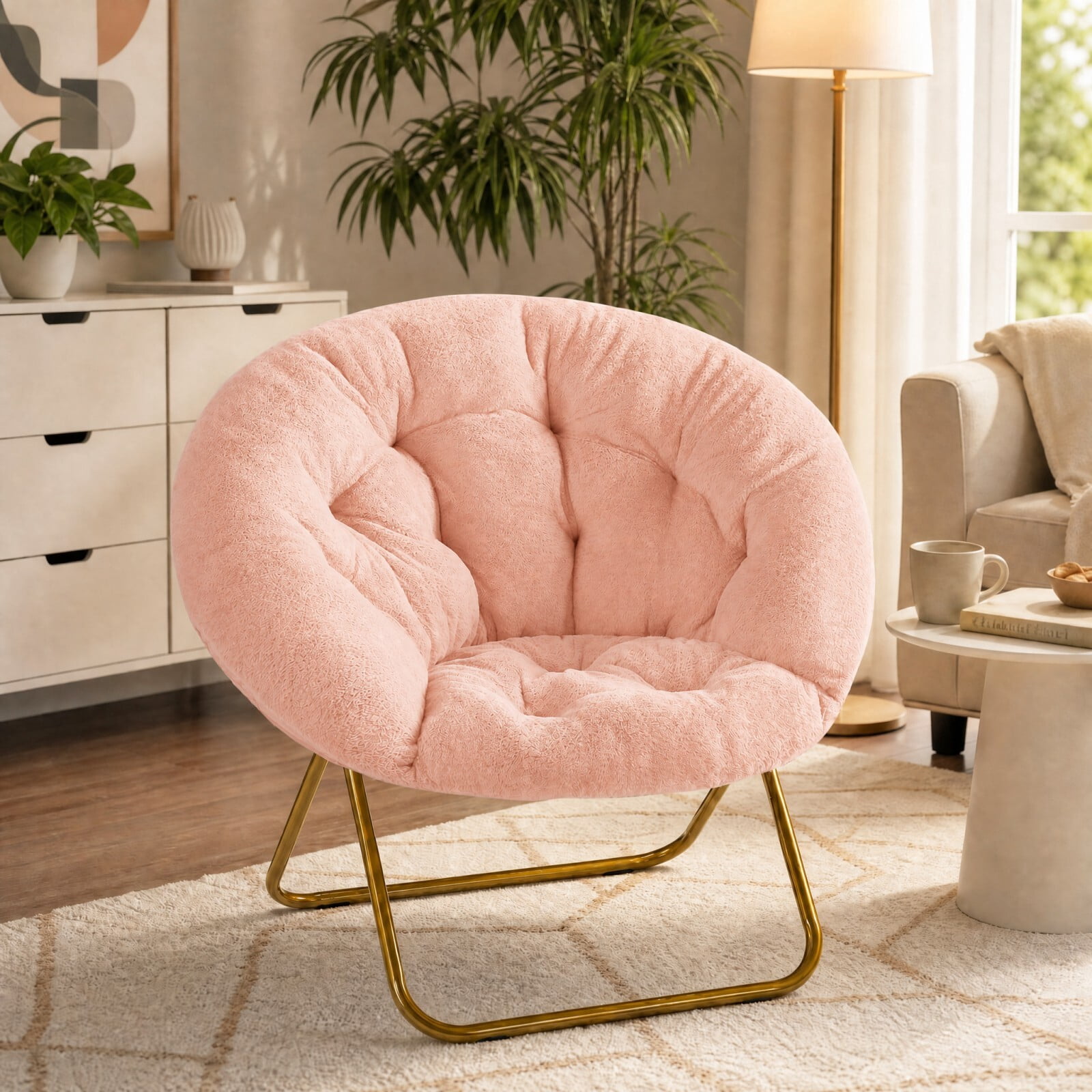 Kelno Faux Fur Saucer Chair 250lb Capacity Foldable Round Lounge Chair Soft Plush Folding Moon Chair, Pink