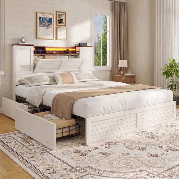 Farmhouse Full Bed Frame with Headboard Storage, LED Lights & Charging Station, Wooden Platform Bed with 4 Drawers, No Box Spring Needed, White