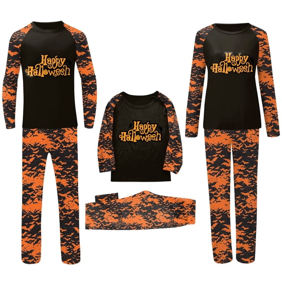 Onlypjs Matching Halloween Pajamas for Family Black Orange Raglan Sleepwear Pjs Sets Happy Halloween Bat Print Loungewear for Adults Women Men Couples