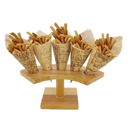 BambooMN 10 Inch Natural Bamboo Crescent Food Cone Display Tamaki Stand for Restaurants, Catered Events, Party or Buffets, Holds up to 5 Cones - 3 Pieces