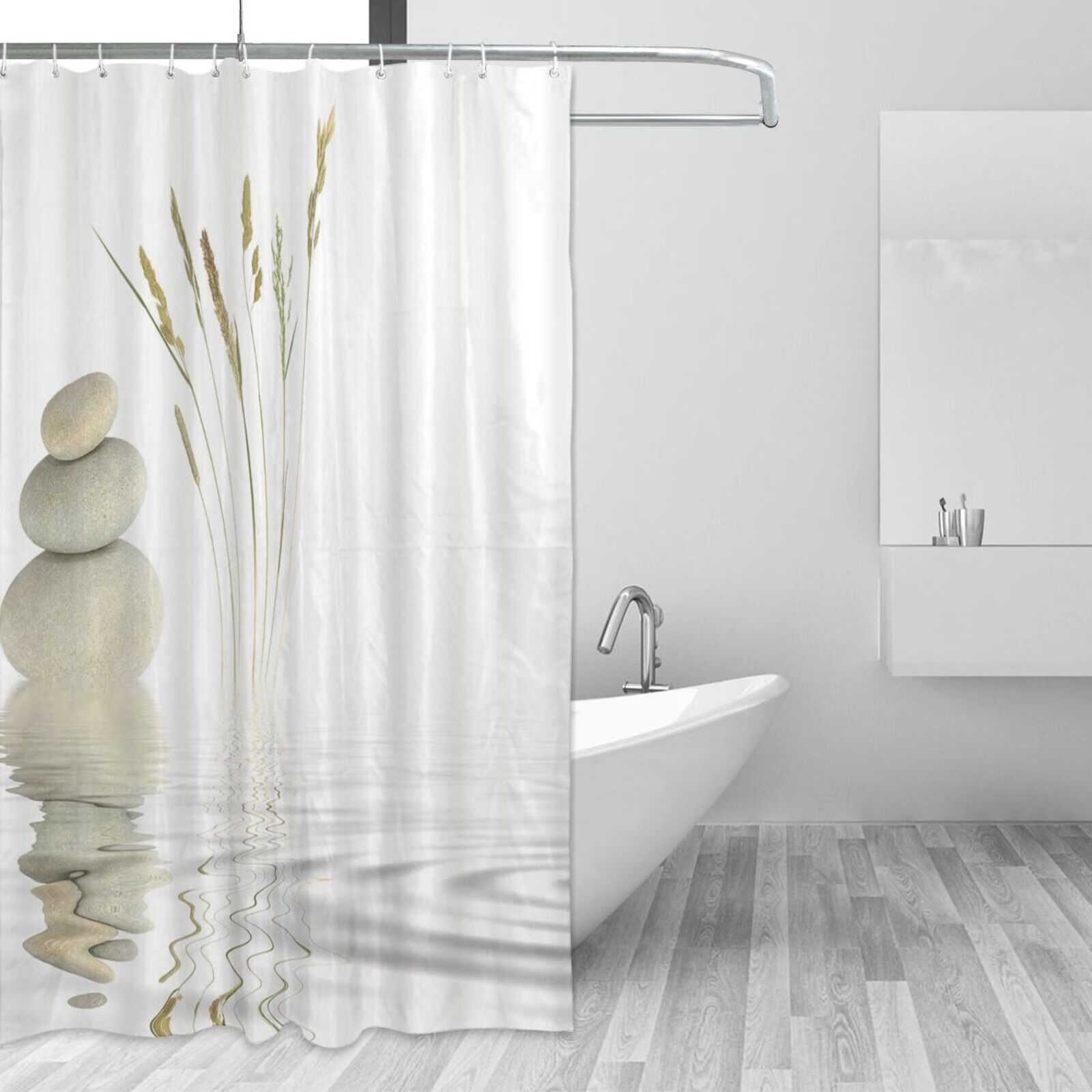 Zen Waterproof Shower Curtain Green Bamboo Candle Black Zens Stone Spa  Bathroom Decor 4-Piece Set