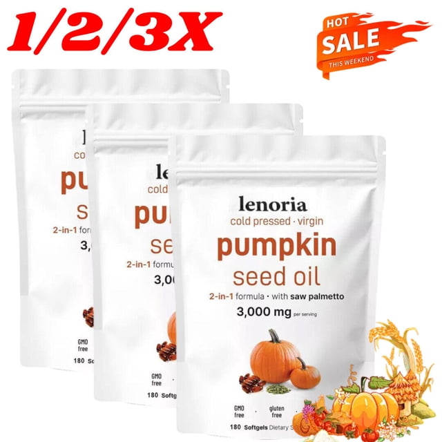 Aceite de semilla de calabaza 1-3X con saw palmetto 180 cápsulas blandas | 3000 mg Suplemento herbal NUEVO Mejor