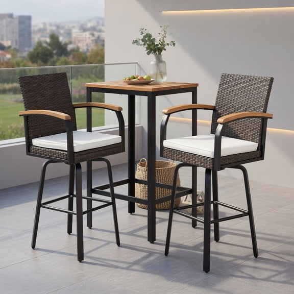 Resenkos 2-Pack Outdoor Swivel Bar Stools with Off-White Cushions, Acacia Wood Armrests & PE Rattan Frame – 360° Rotating, Heavy-Duty 400 lb Capacity, Ideal for Patio, Poolside & Backyard