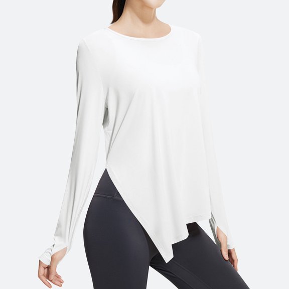 asjyhkr Women Blouses Crew Neck Long Sleeve Quick Drying Shirts Loose Breathable Running Gym Workout Solid Color Tops