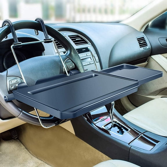2 in 1 Car Steering Wheel Tray / Back Seat Headrest Tray for Eating Food Drink and Writing Laptop Work,  Black Car Desk