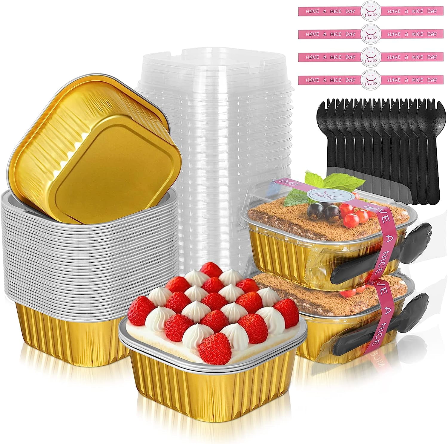 LNYZQUS 10oz Mini Cake Pans With Lids 40 Pack, Aluminum Foil Square Brownie  Baking Cups,Disposable 4”x4” Large Cupcake Pan,Jumbo Muffin Tin Ramekins
