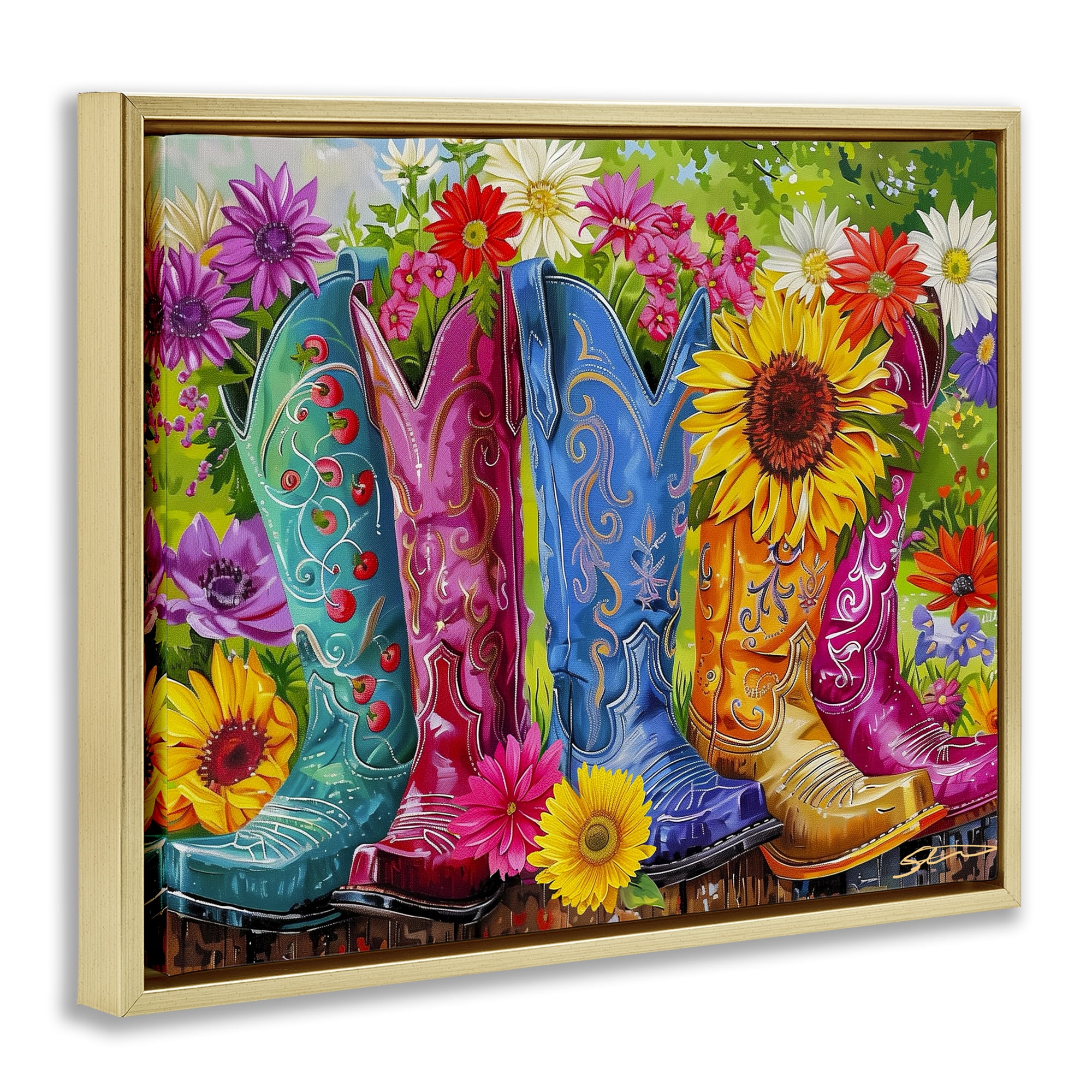 Cowboy Boots and Sunflowers Gold Framed Floater Canvas Wall Art, design by Shawna Stewart