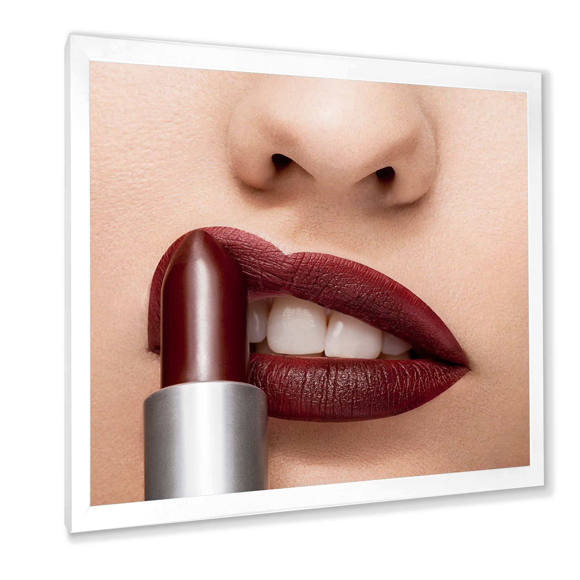 Designart 'Red Lipstick Getting Applyed On Woman Lips' Modern Framed Art Print