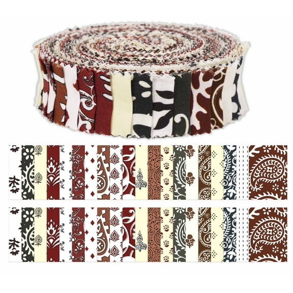 Soimoi 40Pcs Asian Block Print Precut Fabrics Strips Roll Up 1.5x42inches Cotton Jelly Rolls For Quilting - Maroon, White, Pale Yellow, Brown