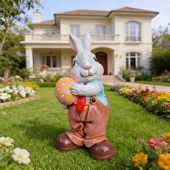 Orangide Easter Bunny Statue Holding Egg, Cartoon Resin Figurine for Indoor Home and Outdoor Garden Decoration, Spring Holiday Table Centerpiece