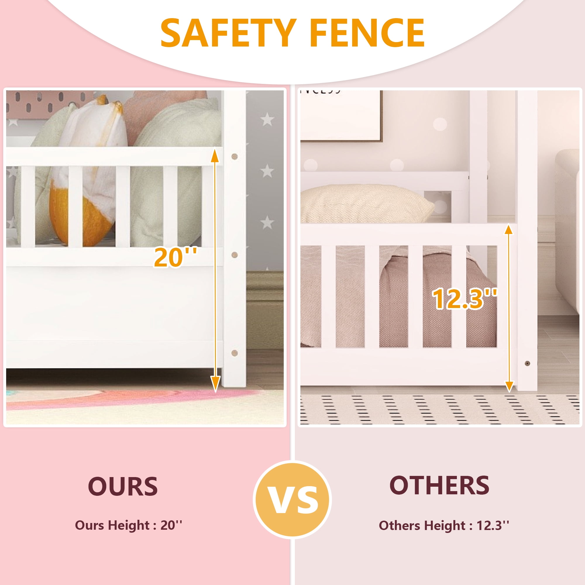 Bellemave Twin Size House Floor Bed with High Fence Guardrails Wooden Playhouse Bed Frame Twin Floor Bed with Roof Montessori House Bed Frame (Twin, White)