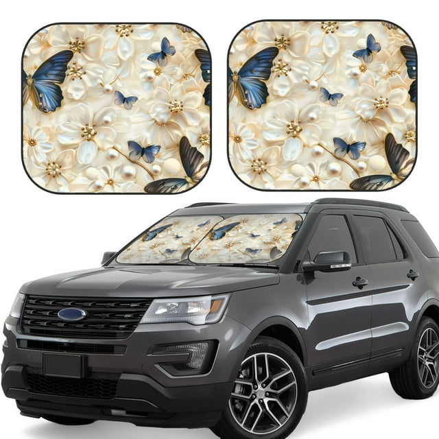 Vsdgher Elegant Butterflies And Pearls Print Car Windshield Sun Shade, Reflective Sunshade Window Sunshade Sun Visor Protector Fit for Cars,Trucks,SUVs-Large