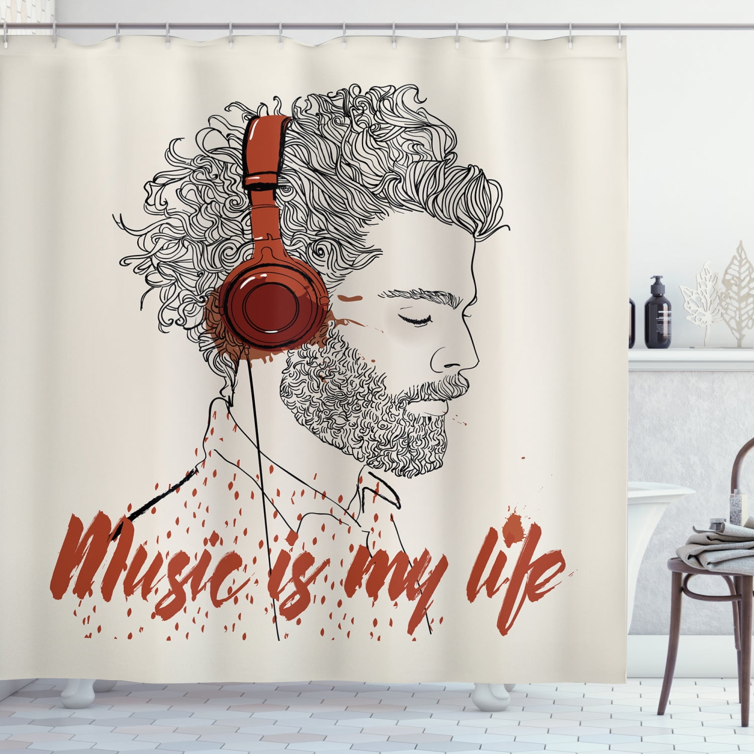 Cat Listening To Music Fabric Shower Curtain Bathroom & 71*71inches With Hooks 
